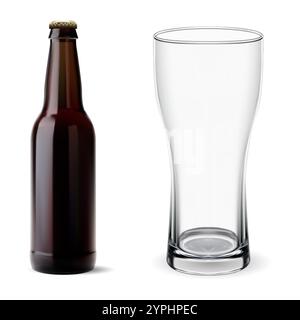 Braune Glas Bierflasche mit Bier Glas Vektor Mockup. Barmarke Craft Ale, transparentes Verpackungskonzept für Glaswaren. Frisches Lagergetränk bernsteinfarbene Flasche, b Stock Vektor