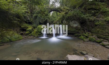 Kaskadenteich, Wasserfall unter einer kleinen Fußgängerbrücke, Müllerthal Trail, Waldbillig, Luxemburg, Europa Stockfoto