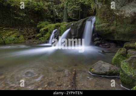 Kaskadenteich, Wasserfall unter einer kleinen Fußgängerbrücke, Müllerthal Trail, Waldbillig, Luxemburg, Europa Stockfoto