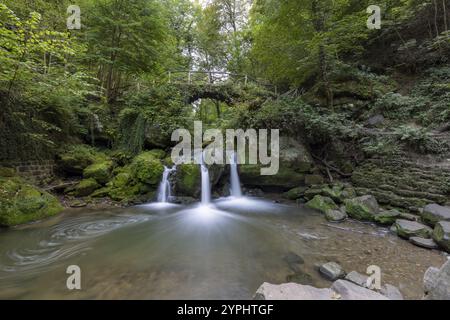 Kaskadenteich, Wasserfall unter einer kleinen Fußgängerbrücke, Müllerthal Trail, Waldbillig, Luxemburg, Europa Stockfoto