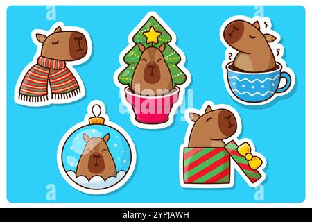 Süße Weihnachtskapybaras. Aufkleberset. Vektor-Cartoon-Illustration Stock Vektor