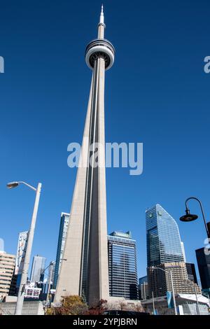 Blick auf den CN Tower auf dem Brenner Boulevard in der Innenstadt von Toronto, Ontario, Kanada Stockfoto