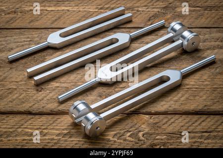 Satz gewichteter und ungewichteter Stimmgabeln aus Metall, die zum Abstimmen von Musikinstrumenten, zur Klangtherapie, zur Chakra-Heilung oder Entspannung verwendet werden. Stockfoto