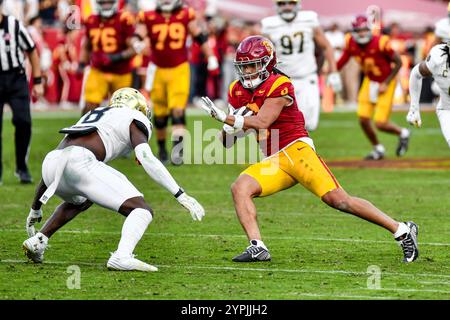 Los Angeles, CA. 30. November 2024. Der Großsieger Makai Lemon (6) der USC Trojans holt sich im vierten Quartal während des NCAA Football-Spiels zwischen den Notre Dame Fighting Irish und den USC Trojans im Coliseum in Los Angeles, Kalifornien, den Pass. Pflichtfoto: Louis Lopez/Cal Sport Media/Alamy Live News Stockfoto