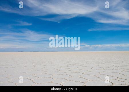 Weitläufiger Blick auf die unberührten weißen Salzebenen des Salar de Uyuni unter einem hellblauen Himmel, Bolivien, mit der größten Salzwüste der Welt. Stockfoto