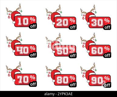 Weihnachtsangebot, prozentualer Rabatt auf Aufkleber. Rabattzahlen von 10 % bis 90 %. Vektor auf transparentem Hintergrund Stock Vektor