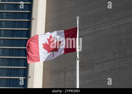 Kanadische Flagge am CN Tower auf dem Bremner Boulevard in der Innenstadt von Toronto, Ontario, Kanada Stockfoto
