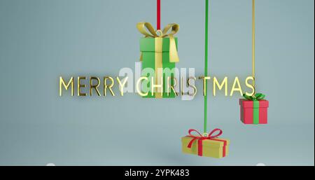 Bild von fröhlichem weihnachtstext und weihnachtsgeschenken auf blauem Hintergrund Stockfoto