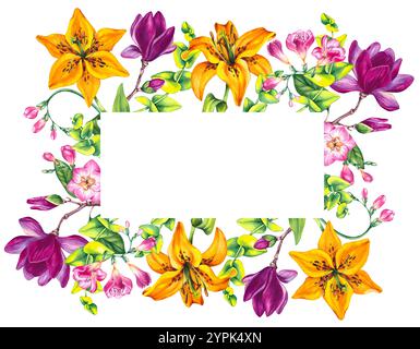 Blumenillustration mit Freesie-Magnolie und Lilie Stockfoto