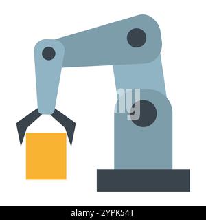 Roboterarm mit einem Greifer, der einen gelben Block hält, symbolisiert Automatisierung und Technologie. Ideal für Robotik, Fertigung und Industrie Stock Vektor