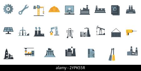 Ein umfassendes Set von Symbolen für Industrie und Bauwesen, einschließlich Werkzeugen, Maschinen, Energiesymbolen und Technologieelementen. Ideal zur Darstellung Stock Vektor