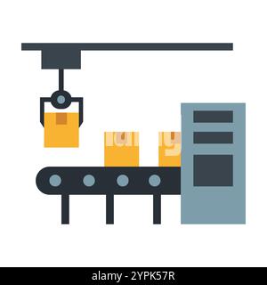 Industrielles Förderband mit drei orangefarbenen Kästen und einem mechanischen Arm, das Automatisierung und moderne Fertigung symbolisiert. Ideal für Technologie Stock Vektor