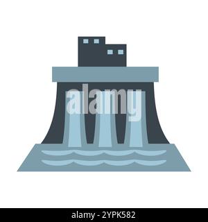 Stilisierte Illustration eines Wasserkraftdamms mit Wasser, das durch seine Tore fließt, symbolisiert erneuerbare Energie und Stromerzeugung. Ideal für Energie Stock Vektor