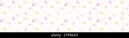 Nahtloses Muster mit handgetrunkenen Schmetterlingen. Kontur gezeichnet netter Motten-Insektenhintergrund. Kritzele Herzen und Schmetterling, Kinderzeichnung Stock Vektor