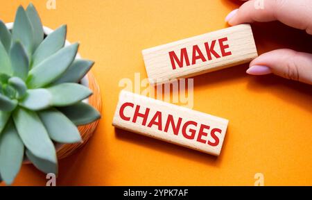 Symbol „Änderungen vornehmen“. Holzblöcke mit Wörtern ändern sich mit saftigen Pflanzen. Wunderschöner orangefarbener Hintergrund. Geschäftsmann Hand. Geschäftlich arbeiten und Chan machen Stockfoto