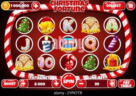 Casino-Spielautomat, Spiel-UI-Design, Glücksspiel-App-Konzept für das Weihnachtsspiel oder Bonbons-Casino-Spiel. Die Benutzeroberfläche des Slotspiels mit Stock Vektor