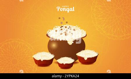 Happy Pongal Erntefest in Indien feiern Hintergrund. Süßes Reisgericht. Vorlage für Werbebanner mit Postkartenrabatt. Vektorabbildung. Stock Vektor