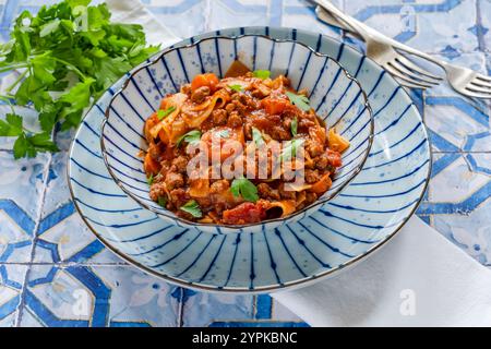 Vegetarische Lasagnesuppe mit fleischlosem quorn-Hackfleisch Stockfoto