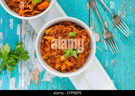 Vegetarische Lasagnesuppe mit fleischlosem quorn-Hackfleisch Stockfoto
