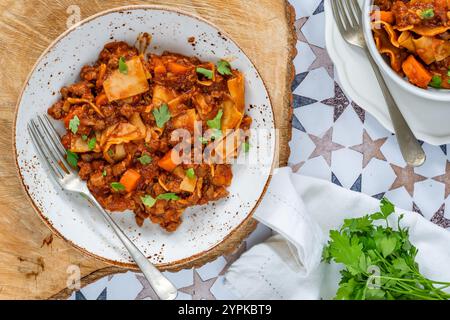 Vegetarische Lasagnesuppe mit fleischlosem quorn-Hackfleisch Stockfoto