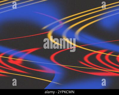 Abstrakte bunte Wellen auf dunkelschwarzem Hintergrund mit Geräuscheffekt. Verschwommene Abstraktion in sanften Farben. Leuchtend blaue, rote, gelbe Linien streichen Pinsel Stockfoto