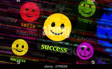 Smile Emoji Face Happy Emoticon Symbol Technologie Konzept. Abstraktes Schild auf Störbildschirmen 3D-Illustration. Stockfoto