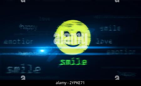 Smile Emoji Face Happy Emoticon Symbol Technologie Konzept. Abstraktes Schild auf Störbildschirmen 3D-Illustration. Stockfoto
