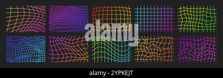 Psychedelisches Schachbrett. Verlaufswellen grooviger Hintergrund. Neon-Hippie-Tapete im Y2K-Stil. Illustration des Retro-Vektors. Linear verzerrt geometrisch Stock Vektor