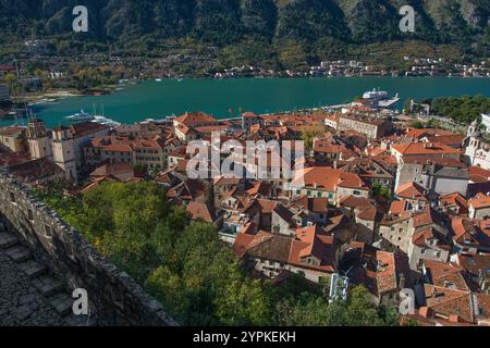 Panoramablick auf die Altstadt von Kotor von der Stadtmauer, mit Weg und Stufen und Blick auf den Hafen, die Bucht von Kotor, Montenegro, Europa. Stockfoto