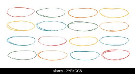 Set mit Buntstift-Ellipsenrahmen. Ein handgezeichneter Bleistift hebt ovale Ränder hervor. Freihand Shapes Kollektion. Kreismarkierung für unterstrichene Kontur. Grunge Scribble Pack. Vektorillustration isoliert auf weißem Hintergrund. Stock Vektor