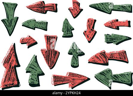 Pfeil Set Buntstift Zeichnung. Neo-brutalistischer Doodle-Style. Zeiger für Collage isoliert auf weißem Hintergrund. Handgezeichnete Vektorgrafik Stock Vektor