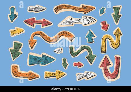 Pfeil Collage setzt Zeichenzeiger für Buntstifte isoliert. Navigationsmarken. Kritzeln Sie Papierschilder. Handgezeichnete Vektorgrafik Stock Vektor