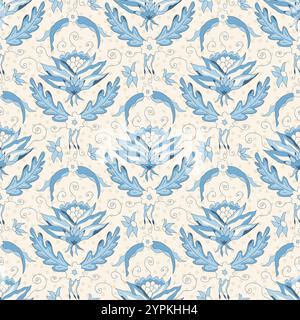 Nahtloses Lotus Damast-Muster. Blumen Chinoiserie Blumendruck Hintergrund wiederholen. Modernes Wildblumenmotiv mit Oberflächenmuster. Handgezeichnete Vektorgrafik. Stock Vektor