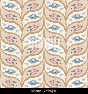Nahtloses indisches Chintz-Muster. Moderne Blumenzweige endloser Hintergrund. Blumenwiederholung geflochtenes Textildesign Vektor-Hand gezeichnete Fliese Wildblumenmotiv. Stock Vektor