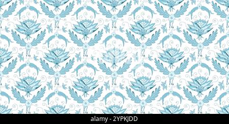 Nahtloses Chinoiserie-Blumenmuster. Einfarbige Hintergrundabdeckung mit Wiederholung von Blumen. Oberflächenmuster modernes blaues Gartenmotiv mit Wildblumen. Handgezeichnete Vektorgrafik. Stock Vektor