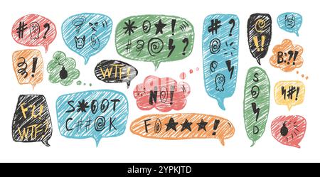 Negative Emotionen. Bunte Sprechblasen mit schwörenden Worten. Fluch Buntstift-Doodle-Text. Falscher Ausdruck in Chat-Dialogfeldern. Aggressives Schimpfwort isola Stock Vektor