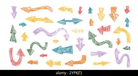 Bunte Kritzelpfeile setzen die Zeichnung des Buntstifts. Handgeschriebene Symbole mit Kreide. Zeiger mit Bleistift isoliert auf weißem Hintergrund. Vektor-Freihand-Scribble-Notizen-Elemente-Illustration Stock Vektor