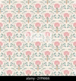 Nahtloses indisches Chintz-Muster. Moderne Blume Jakobsmuschel endloser Hintergrund. Rosafarbene Pfingstrose mit Blumenmuster im Retro-Look. Bauernhof-durchgehende Ornamente. Vektor Hand gezeichnetes Muster digitale Textil Wildblume. Stock Vektor