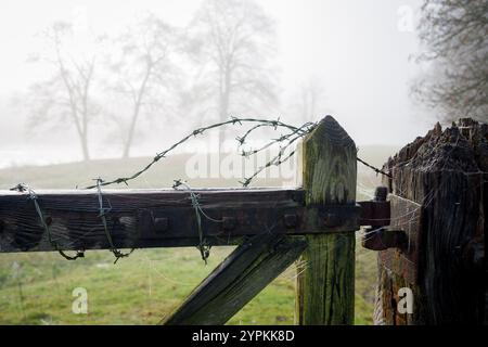 Frost haftet am Stacheldraht und einem Zaunpfosten im tiefliegenden Morgennebel im Lower Wye Valley am 28. November 2024 an der Bigsweir Bridge in Monmouthshire, Wales. Stockfoto