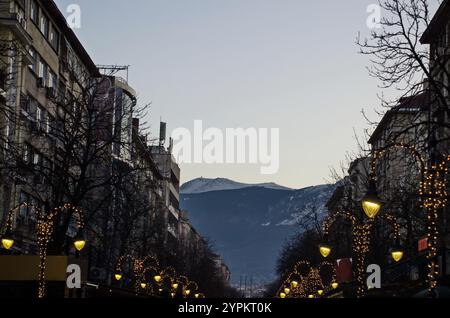 Abendlicher Blick auf eine wunderschöne Kombination aus verschiedenen Leuchten an einem Strommasten vor Neujahr, Sofia, Bulgarien Stockfoto