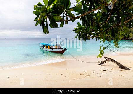 Traditionelles hölzernes Fischerboot an einem Sandstrand auf der kleinen Insel Sombori im Osten der Insel sulawesi in indonesien Stockfoto