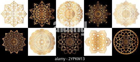 Set aus goldenen zentangle Mandalen, Mandala für Henna, Mehendi, Tattoo, dekorativen ethnischen Ornamenten, orientalischen Mustern Stock Vektor