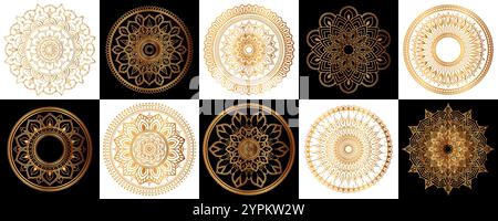 Set aus goldenen zentangle Mandalen, Mandala für Henna, Mehendi, Tattoo, dekorativen ethnischen Ornamenten, orientalischen Mustern Stock Vektor