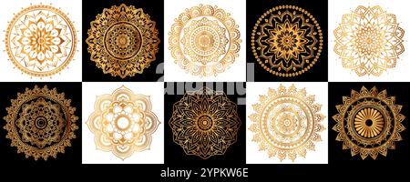 Set aus goldenen zentangle Mandalen, Mandala für Henna, Mehendi, Tattoo, dekorativen ethnischen Ornamenten, orientalischen Mustern Stock Vektor