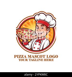 Pizza-Logo, Kochillustration, Kochsymbol, Italienisches Lebensmitteldesign, Pizza-Branding, Chef Hut Logo, Cartoon Chef, Pizza Slice Logo, Pizzeria Branding, Essen Stock Vektor