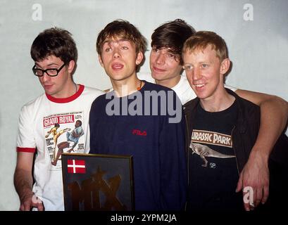 Blur erhielt einen dänischen Preis auf der Sanremo 1996: Links Graham Coxon, Damon Albarn, Alex James, Dave Rowntree Stockfoto