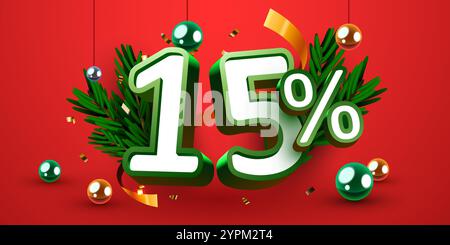 15 Prozent Rabatt. Rabatt kreative Komposition. Frohe Weihnachten und Frohes neues Jahr. Verkaufsbanner und Poster. Vektordarstellung. Stock Vektor