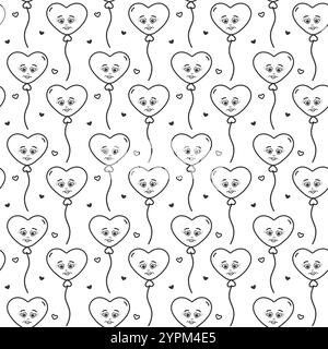 Umrandet einen Ballon in Herzform auf einer Schnur mit Gesicht und dekorativen Herzen mit minimalistischem nahtlosem Muster. Isolierte Vektor-Illustration Valentinstag oder Schwarzer Tag Grußkarte, Veröffentlichung oder Web Promo Hintergrund Stock Vektor