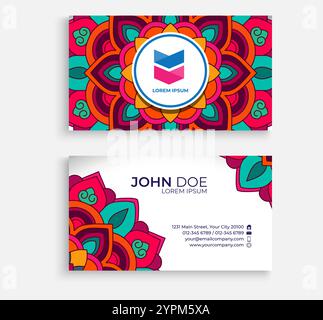 Farbenfrohes Mandala-Visitenkartendesign. Helle florale Zierelemente, indisch, asiatisch, arabisch, islamisch, und Ottomanmotiv. Stock Vektor