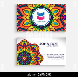 Farbenfrohes Mandala-Visitenkartendesign. Helle florale Zierelemente, indisch, asiatisch, arabisch, islamisch, und Ottomanmotiv. Stock Vektor